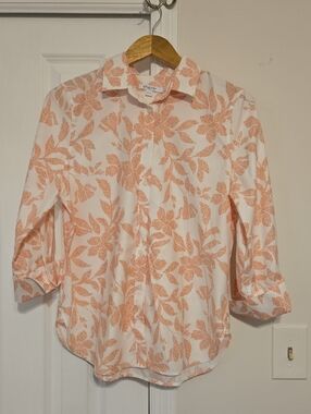 Chico's White Button-Down Shirt with Coral Leaf Print